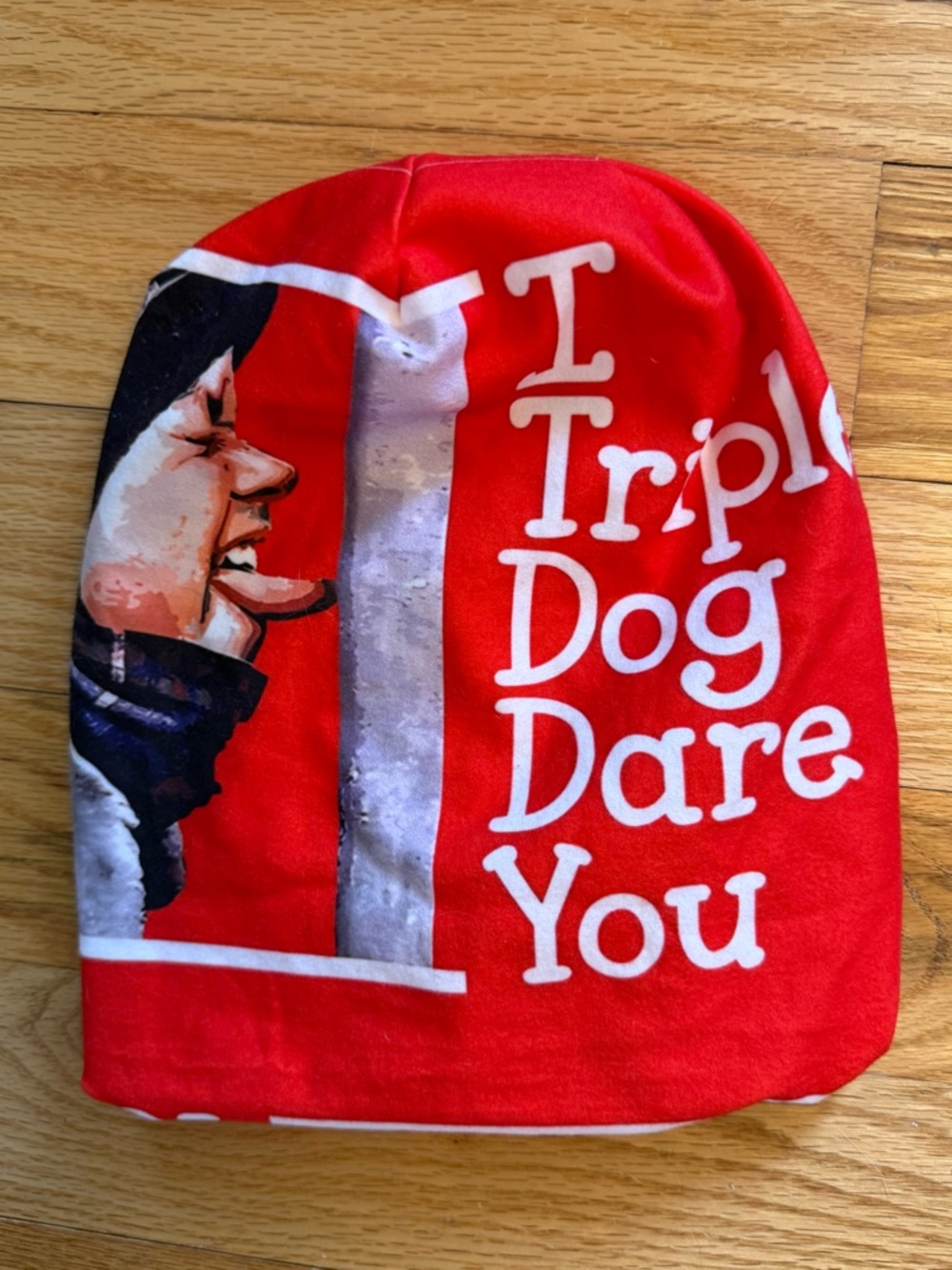 Novelty Red Beanie with 'I Triple Dog Dare You' Graphic